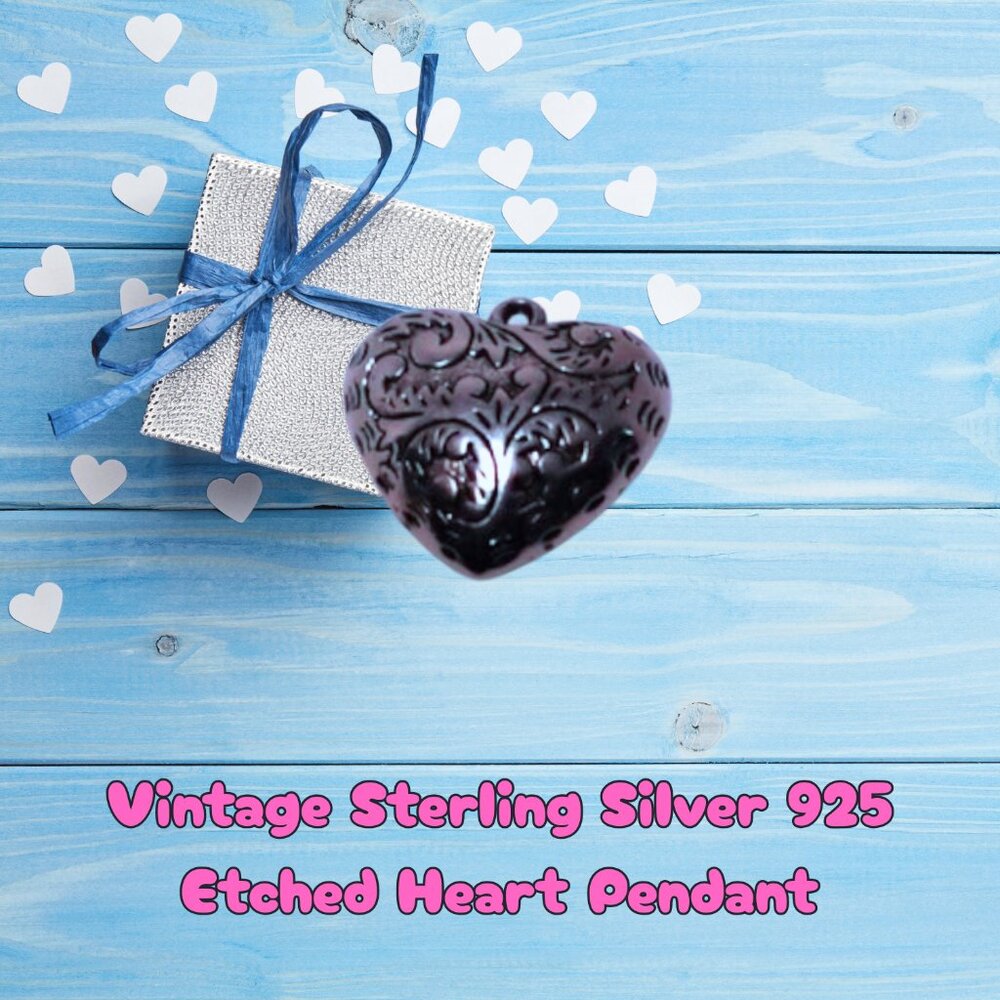 Vintage Sterling Silver 925 Etched Heart Pendant
